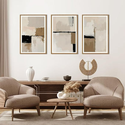 HPINUB Large Modern Abstract Framed Canvas Wall Art Set,Geometric Line Black White and Beige Textured Wall Decor Neutral Gray Minimalist Art Print for Living Room,Bedroom,Office -24"x36"x3