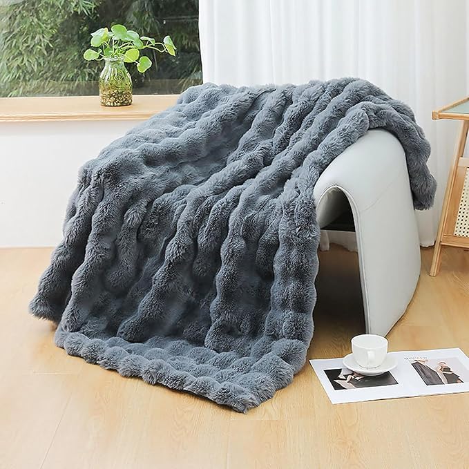 UKELER Soft Faux Fur Throw Blanket 50''x60'' Solid Reversible Shaggy Blanket Plush Thick Fluffy Blankets Throws for Bed, Couch, Sofa, Office, Camping Dark Grey