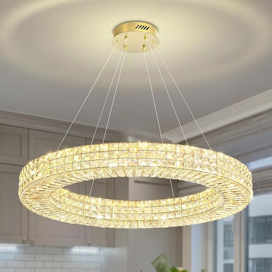 Dia 40" Modern Crystal Chandelier Ring Chandelier Adjustable Height Luxury Crystal Pendant Ceiling Light Fixture for Dining Living Room Bedroom