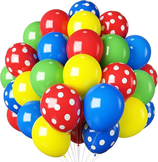 Red Blue Green Yellow Balloons 12 Inch Assorted Rainbow Latex Balloons Primary Color Red Blue Yellow Green Polka Dot Colorful Balloon for Kids Birthday Baby Shower Carnival Circus Party Decor