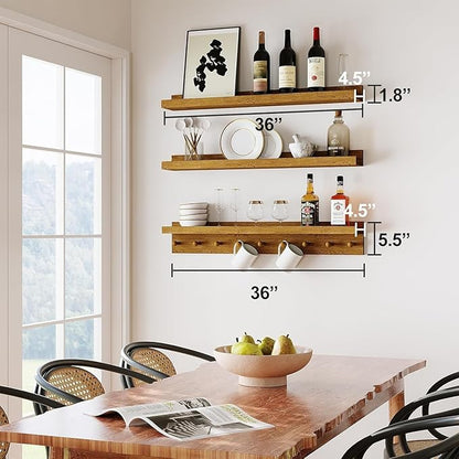MBYD Floating Shelves 36 Inch, Nursery Book Shelves for Kids Room, Hanging Bookshelf with Hooks Set of 3, Light Walnut Wood Picture Ldge Shelving, Kitchen Wall Shelf Spice Rack for Bedroom Bathroom