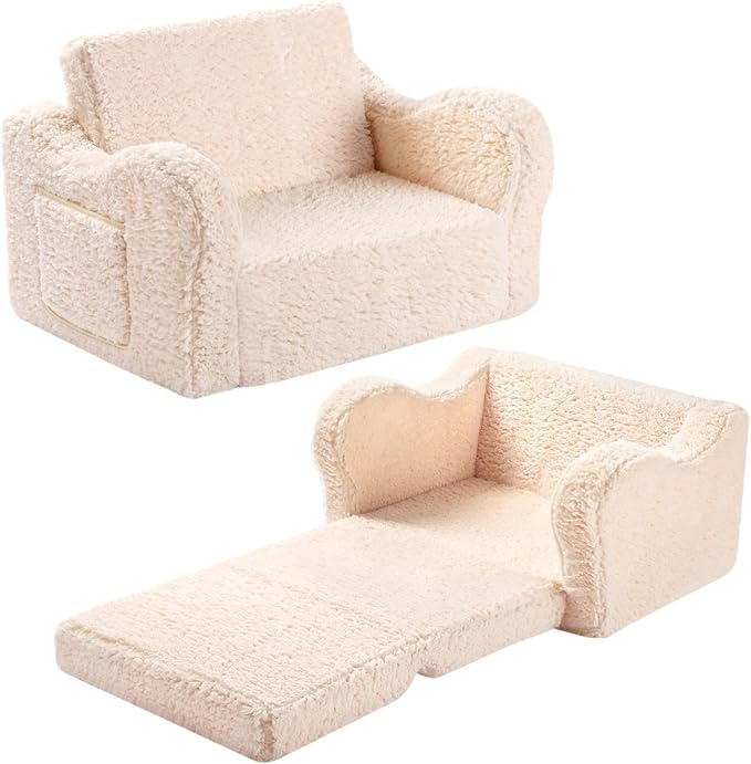 Kids Chairs for Toddler, 2-in-1 Toddler Soft Sherpa Couch Fold Out, Convertible Sofa to Lounger for Girls and Boys, Cream