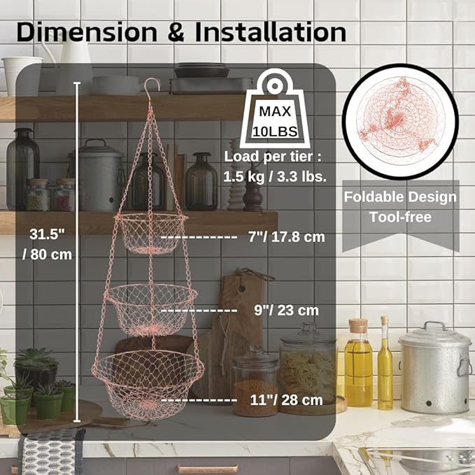 IBERG 3-Tier Fruit Basket Hanging Baskets for Storage - Kitchen Bathroom Organizer (Copper)