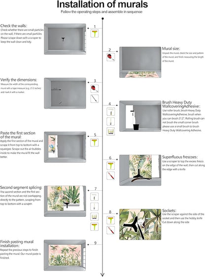 Watercolor Pink Tropical Botanical Leaf Wallpaper Mural for Nursery Girls Bedroom (Not Peel and Stick)