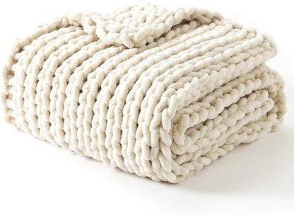 YnM Chunky Throw Blanket, Hand Knitted with Chenille Yarn, Skin Friendly, Ventilated and Breathable, Machine Washable, Home Décor Piece for Couch, Sofa and Bed (Butter Cream, 30x40 Inch)