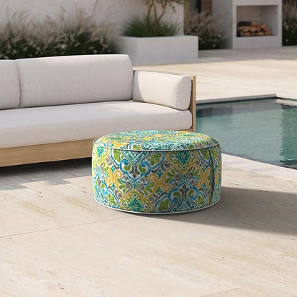 Inflatable Ottoman Stool D21 xH9 for Outdoor/Indoor Use, Water Repellent Patio Foot Rest Stool with Portable Handle,Round Pouf Ottoman Suitable for Garden,Deck and Camping - Damask Green