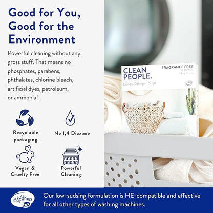 The Clean People Fragrance Free Laundry Detergent Sheets - Laundry Soap - Ultra Concentrated, Recyclable Packaging, Stain Fighting - Fragrance Free, 32 Pack