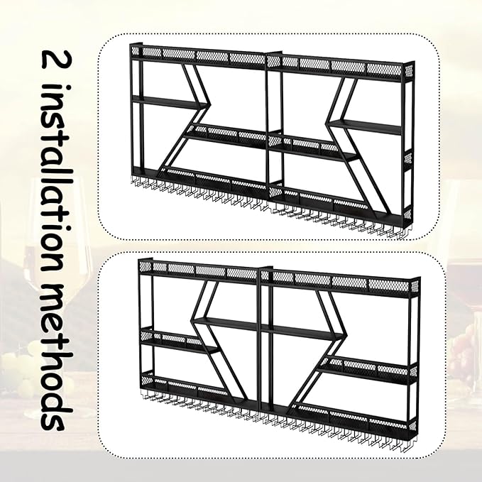 Wall Mounted Wine Rack with Glass Holder, 3-Tier Metal Storage Shelf, Black Diamond Design, Wine Bottle Display with Stemware Storage (Black, 31.49in/Left)