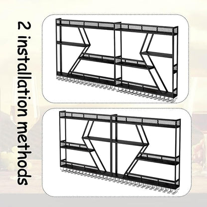 Wall Mounted Wine Rack with Glass Holder, 3-Tier Metal Storage Shelf, Black Diamond Design, Wine Bottle Display with Stemware Storage (Black, 31.49in/Right)