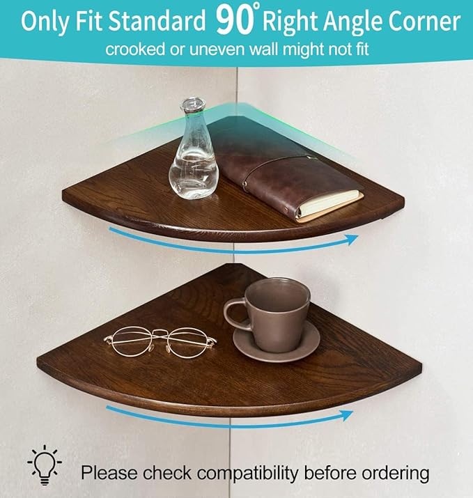 Corner Shelf,16inch Walnut Solid Wood Floating Corner Shelves Wall Mount Round End Floating Speaker Rack with Wire Hole for Small Plant for Bedroom Kitchen, Living Room