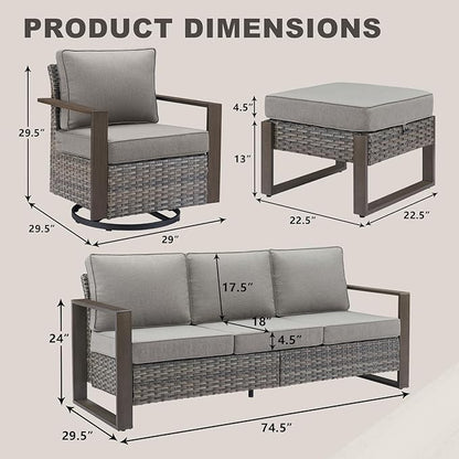 Outdoor Wicker Patio Furniture Set - 5 Piece Patio Conversation Set with 2 Wicker Swivel Rocker Chairs,2 Rattan Ottoman and 1 Couch,Thick Cushions,Deep Seating,Wide Armrest(Mixed Grey/Grey)