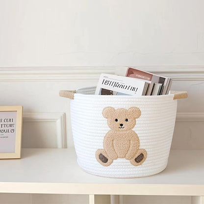 INough Cotton Rope Basket Toy Storage Baskets for kids Laundry Hamper, Gift Basket Empty Baby Shower Baskets with Handles, Cute Bins Blanket Stuffed Animal Storage for Nursery, Living Room Decor, Bear
