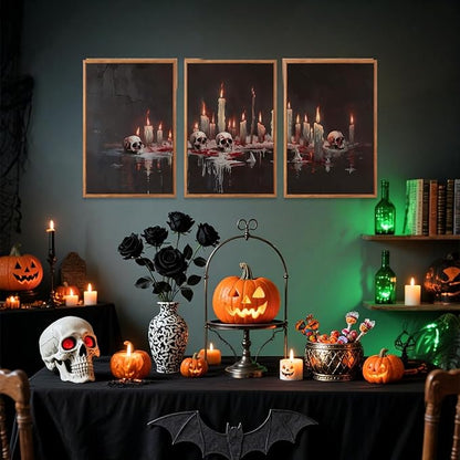 Aurlan Gothic Bloody Skull and Candles Framed Wall Art(16"x24"), 3PCS Horror Dark Academia Halloween Skeleton Canvas Artwork, Modern Goth Spooky Creepy Ghost Decor for Home Office Bedroom