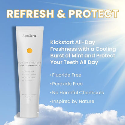 AquaSonic Complete Care Toothpaste - Refresh & Protect Day, Repair & Whiten Night - Fluoride Free Natural, Anti-cavity, Anti-plaque, Reharden, Strengthen, Whiten, Detoxify