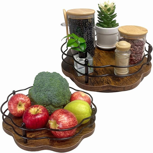 2 Pack, 11" & 12" Wooden Lazy Susan Turntable with Higher Metal Sides, 360° Rotating Lazy Susan Organization and Storage for Cabinet, Table Top, Kitchen, Countertop, Dining Table, Pantry, Coffee Bar