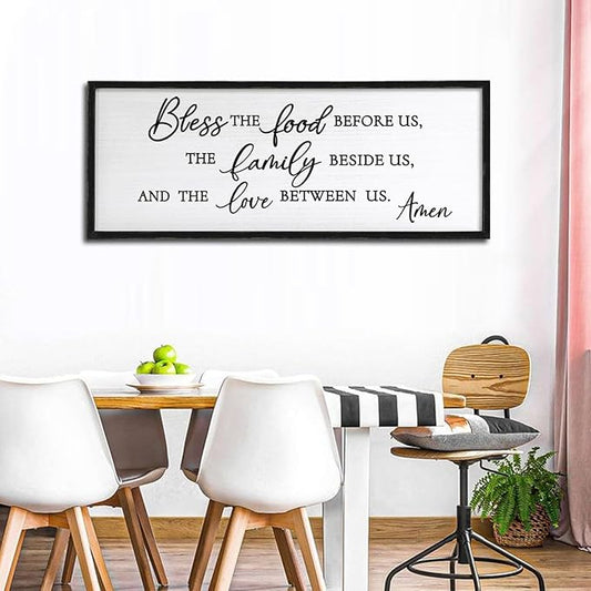 Bless the Food Before Us Wall Decor Art 24"X10" for Dining Room Kitchen Wall Wooden Framed Sign (Black)