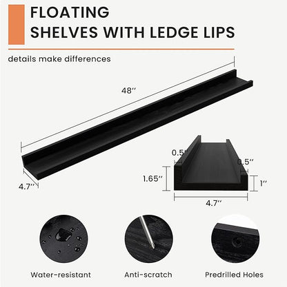Solid Ash Wood Floating Shelves, Wood Picture Ledge Shelf Set of 2, 48 Inch Long Large Photo Ledge Shelves, Nursery Book Shelves Wall Mounted for Living Room Kids' Bedroom Decor, Black