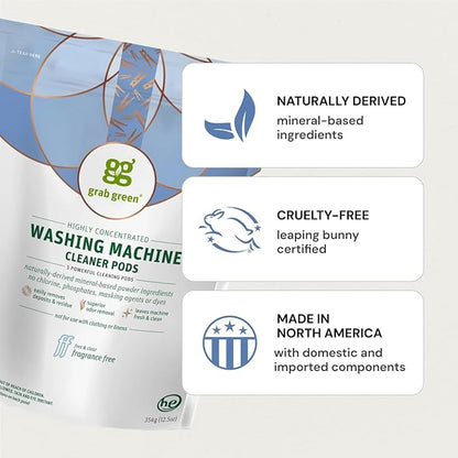 Grab Green Washing Machine Cleaner, 5 Count, Fragrance Free, Mineral Based Removes Deposits and Odors, Naturally Cleans