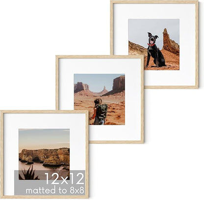 HAUS AND HUES Solid Oak Wood 12”x12” Picture Frames Matted to 8”x8” Set of 3-12x12 Photograph Frames With Mat, 12 by 12 Picture Frames Square, 12 x 12 Square Frames (Beige Oak Frames)