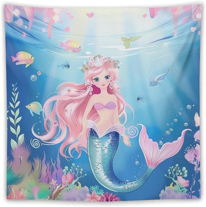 HZOHNAGO Mermaid Girls Tapestry Watercolor Mermaid Princess Pattern Printed Wall Tapestry Wall Hanging for Bedroom Living Room Dorm 60" W x 60" H