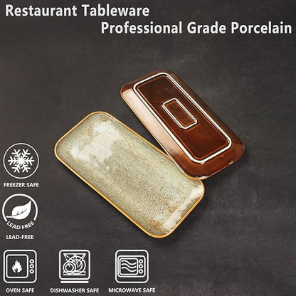 Ceramic Dinner Plates Dish Set, Set of 4, Microwave Oven and Dishwasher Safe,Scratch Resistant, Dinnerware Kitchen Porcelain Serving Dishes Brown glaze change, 12.4 Inch Rectangle plate