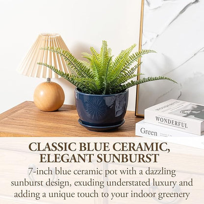 MyGift 7 Inch Round Blue Ceramic Plant Pot with Drainage Hole and Attached Saucer, Modern Decorative Embossed Sunburst Planter Container for Indoor Home Garden