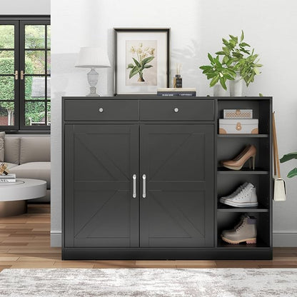 Loomie 5-Tier Shoe Cabinet with 4 Side Cubbies, Farmhouse Shoe Rack Cabinet with 6 Adjustable Shelves & 2 Drawers, Freestanding Shoe Storage Cabinet with 4 Brackets & 2 Hooks for Entryway (Black)