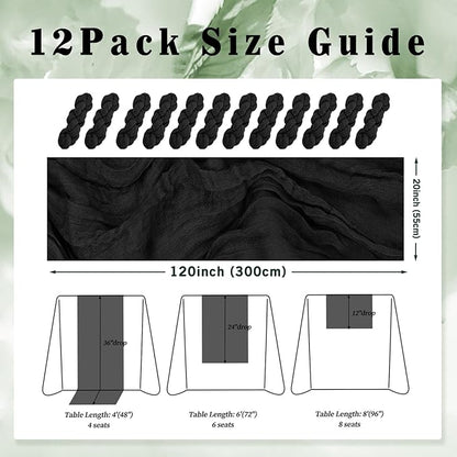10FT 12 Pack Black Cheesecloth Table Runner 20 x 120 Inch Long Boho Fabric Rustic Cheese Cloth Table Runner for Wedding Bridal Shower Baby Shower Gauze Sheer Birthday Party Table Decorations
