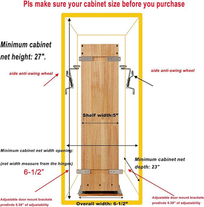 DINDON Pull Out Spice Rack Organizer for Cabinet, (5" W x 21.9" D x 25.2" H) Multi-Use Wood Pull Out Cabinet Organizer Slide Out Shelf Cabinet Storage for Kitchen, Pantry Organization