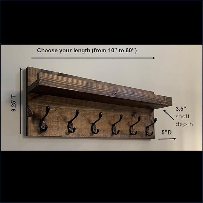 Coat Rack with Shelf Wall Mounted with Storage (Choose Your Length) Towel Rack Entryway Organizer Key Hooks (32" L (8 Hooks))