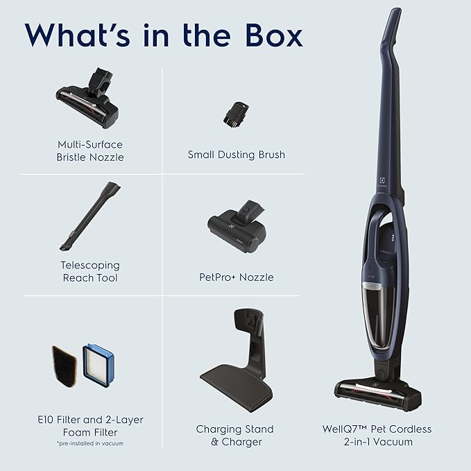 Electrolux WellQ7 Pet Cordless 2-in-1 Vacuum Cleaner with Motorized PetPro+ Nozzle for Easy Pet Hair Removal, 50-Minute Run Time, 2 Power Modes, Indigo Blue