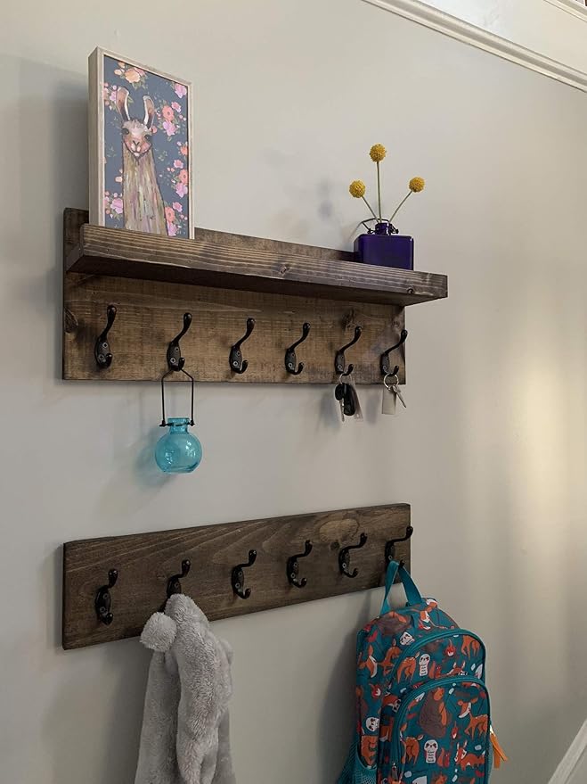 Coat Rack with Shelf Wall Mounted with Storage (Choose Your Length) Towel Rack Entryway Organizer Key Hooks (32" L (8 Hooks) Set of 2)