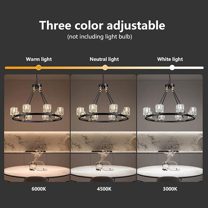 Black Wagon Wheel Chandelier, 8-Light Farmhouse Crystal Chandeleirs with Adjustable Height,Ceiling Hanging Light Fixture Pendant Lights for Living Room,Bedroom,Kitchen Island,Dining Room,Bedroom