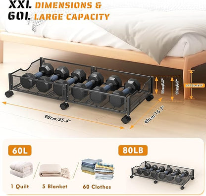 2 Pack Under Bed Storage with Wheels, 36" Lengthen Underbed Storage Containers with Lids, Large Capacity Under Bed Shoe Storage, Metal Clothes Organizer, Storage Box for Clothing Shoes Blankets Sheet