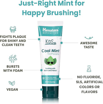 Himalaya Botanique Kids Toothpaste, Herbal, Cool Mint Flavor, Fights Plaque, Fluoride & SLS Free, Gentle, No Artificial Colors, Gluten & Cruelty Free, Vegan, Foaming, 4 Oz, 2 Pack