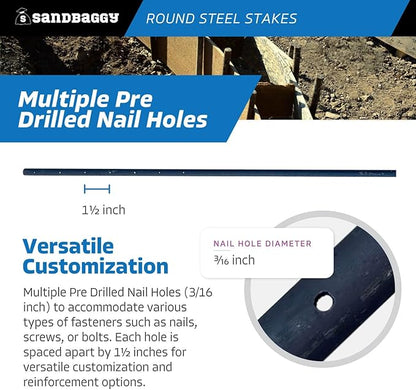Sandbaggy Round Steel Concrete Form Stakes with Nail Holes - Rust Resistant Coating - Removable, Reusable (10, 3/4 in X 48 in)