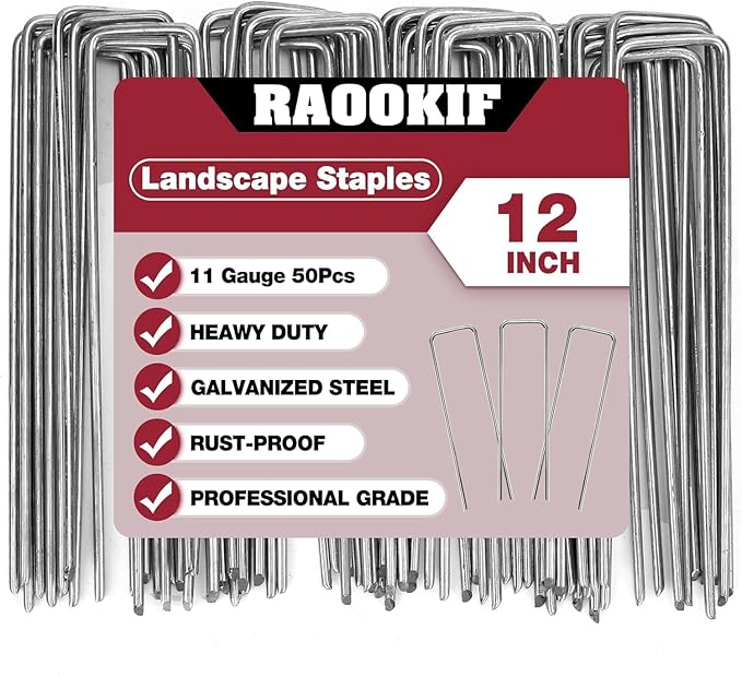 RAOOKIF 12 Inch Galvanized Garden Landscape Staples, 150Pcs Metal Stakes, 11 Gauge Heavy Duty Ground Stakes for Decoration, Fence, Lawn, Fabric Pins