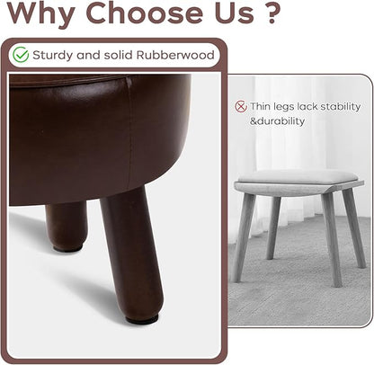Small Foot Stool Ottoman, Round Pouf Foot Rest, Footstool Ottomans with Rubber Legs Under Desk, Faux Leather Footrest for Couch, Living Room, Bedroom, Office, 13''L x 13''W x 10.2''H, Coffee