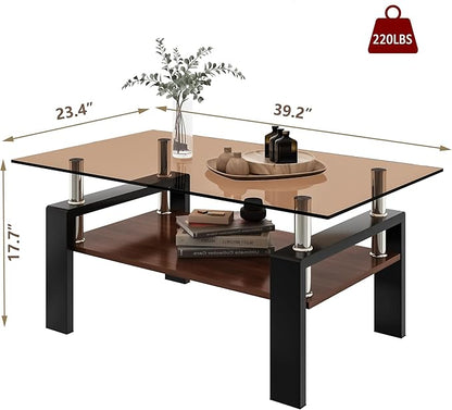 39" Brown Glass Coffee Table Walnut Modern Living Room Center Table Rectangle, with Wooden MDF Storage Layer, Black Metal Leg, for Small Apartment and Office, Brown