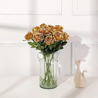 Gold Fake Roses Artificial Flowers - 10 Pcs Fake Artificial Roses Silk Flowers with Stems for Home Wedding Hotel Office Centerpiece Decor