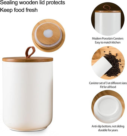 White Canister Sets for Kitchen, 3pcs Ceramic Canisters with Airtight Wooden Lid, Food Storage Jar, Large Kitchen Storage Containers for Serving Coffee Beans, Tea, Sugar, Salt, Spices