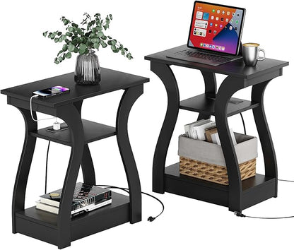 Black End Table Set of 2 with Charging Station, Side Table with USB Ports and Outlets, Black Nightstand, 3 Tier End Table with Storage Shelf for Living Room, Bedroom