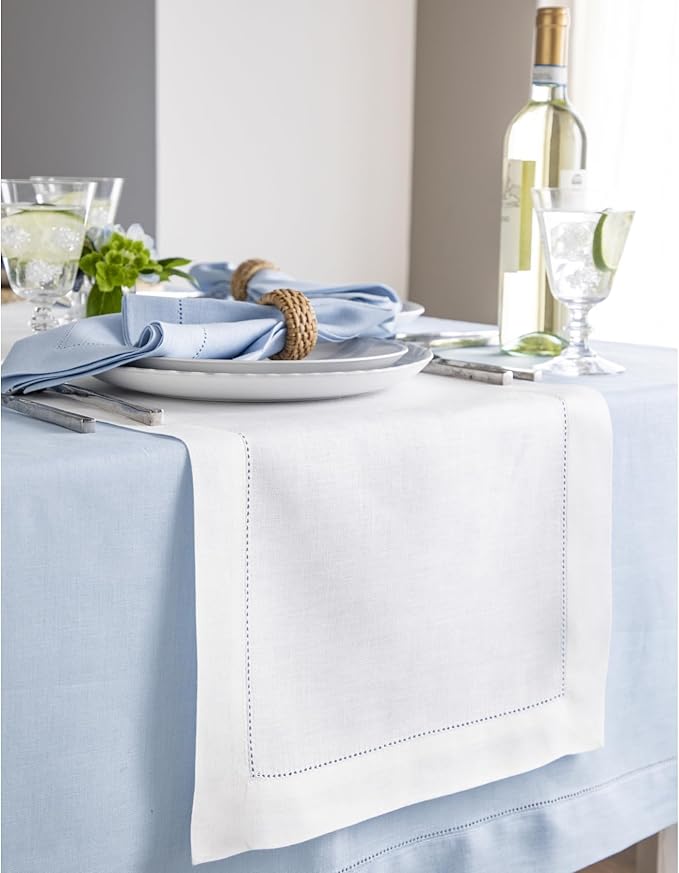 Solino Home Linen White Table Runner 72 Inches Long - 100% Pure Linen Hemstitch Table Runner 14 x 72 Inch for Dresser, Dining, Fall, Autumn, Halloween, Thanksgiving - Classic Hemstitch
