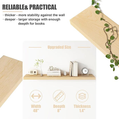 Floating Shelves for Wall, USA-Sourced Maple Wood 48 Inch Long Wall Shelves, Natural Wooden Mounted Picture Ledge Shelf, Nursery Book Storage Shelf Kids Bookshelf, Display Shelf for Bathroom