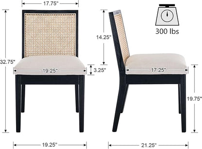 VESCASA Upholstered Dining Chairs with Square Rattan Back, Armless Padded Linen Cushion Dining Chairs with Wood Legs for Dining Room, Kitchen, Set of 6, Black Frame