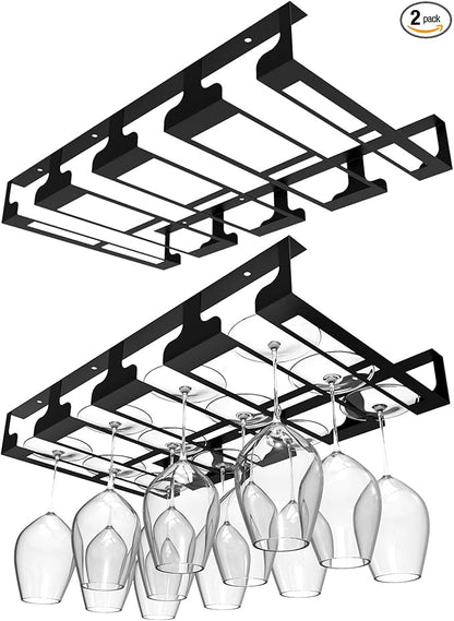 Wine Glass Rack - Under Cabinet Stemware Wine Glass Holder Glasses Storage Hanger Metal Hanging Organizer for Bar Kitchen, Black 4 Rows 2 Packs