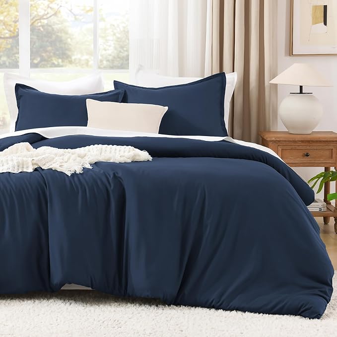Litanika Navy Blue Comforters Oversized King Size, 3 Pieces Lightweight Solid Bedding Comforter Set, All Season Fluffy Bed Set (120x98In Comforter & 2 Pillowcases)