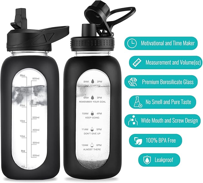 64 oz Glass Water Bottle With Straw and Handle, Half Gallon Sports Motivational Water Jug Flask with Silicone Sleeve, Large Water Cup with Time Marker for Travel, Gym, Navy