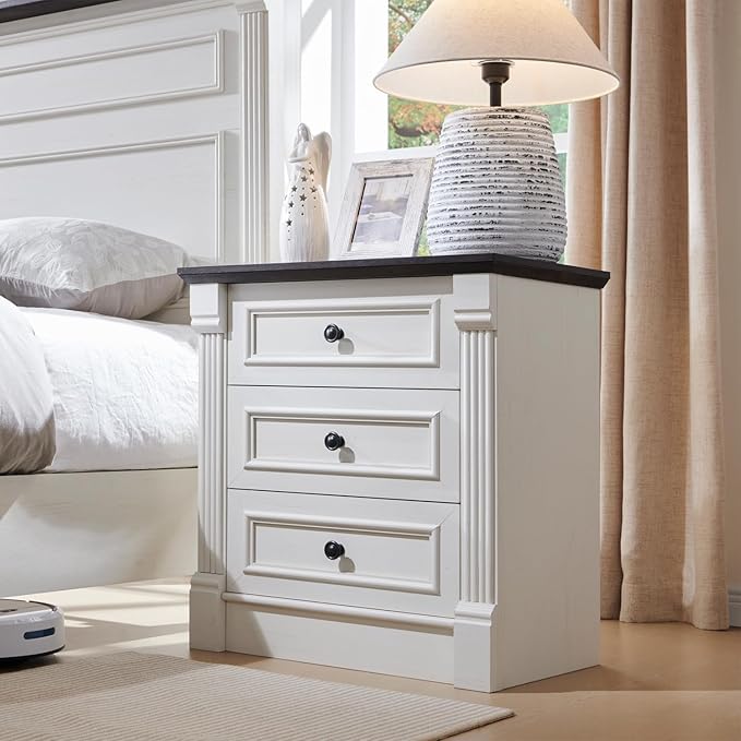 26" Tall Farmhouse Nightstand, 3 Drawers End Table w/Charging Station, 23.6" Wide Large Side Table w/Roman Column, Wood Rustic Sofa Table for Bedroom, White