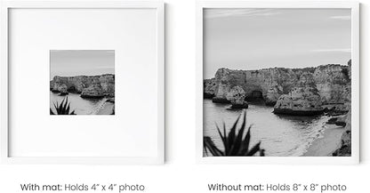 HAUS AND HUES 8x8 White Metal Picture Frames Matted to 4x4 - Features Premium Aluminum & Hanging Hardware, Shatterproof Plexiglass - Ideal for Home, Room, Office (8x8 in, White, Set of 9)